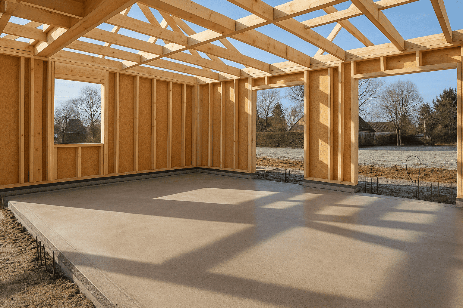 houtskeletbouw en betonvloer